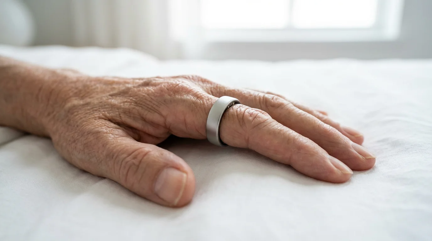 Close-up macro photo of a smart ring sleep tracker on a person's finger.