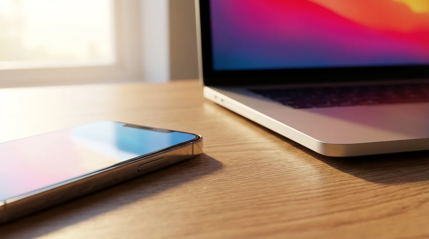 Close-up macro photo of a smartphone and laptop on a wooden desk.