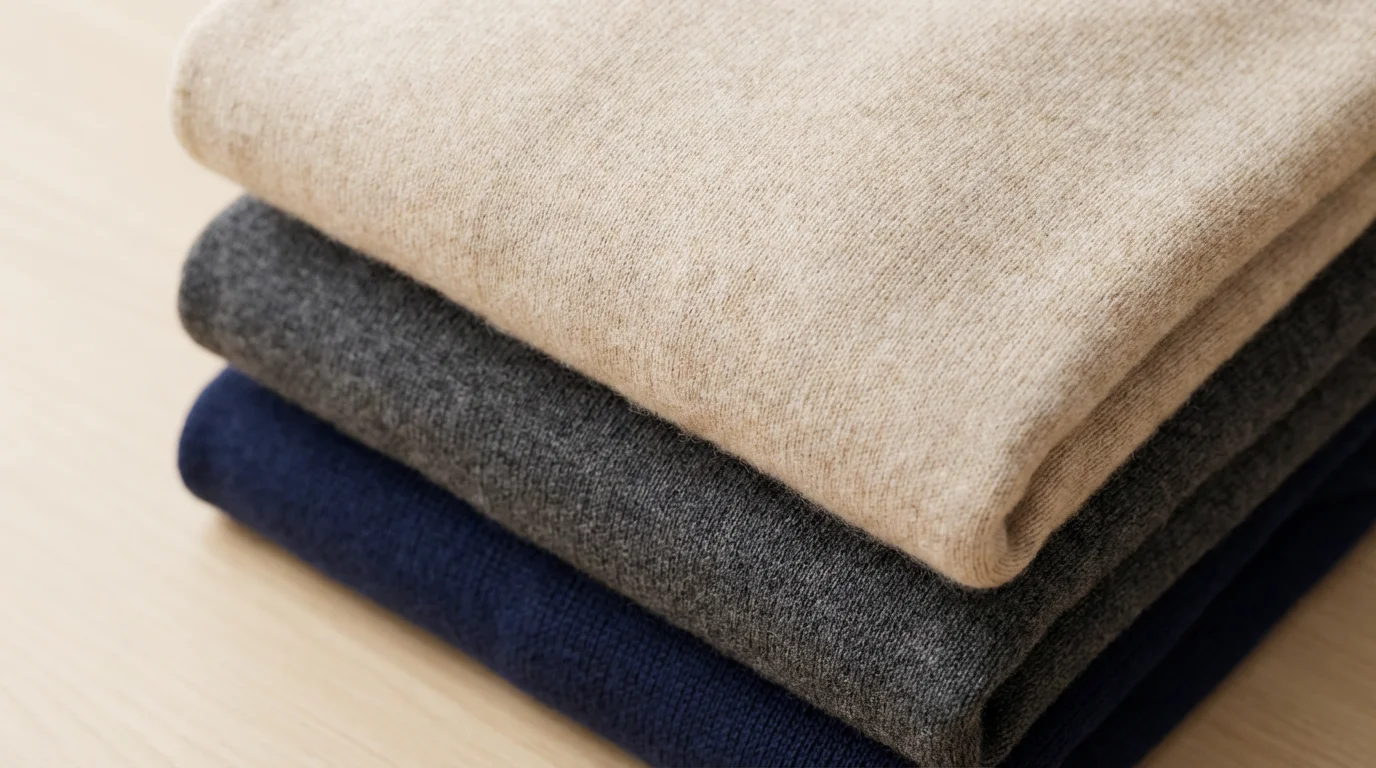 Close-up macro photo of a stack of high-quality, textured sweaters in neutral colors.