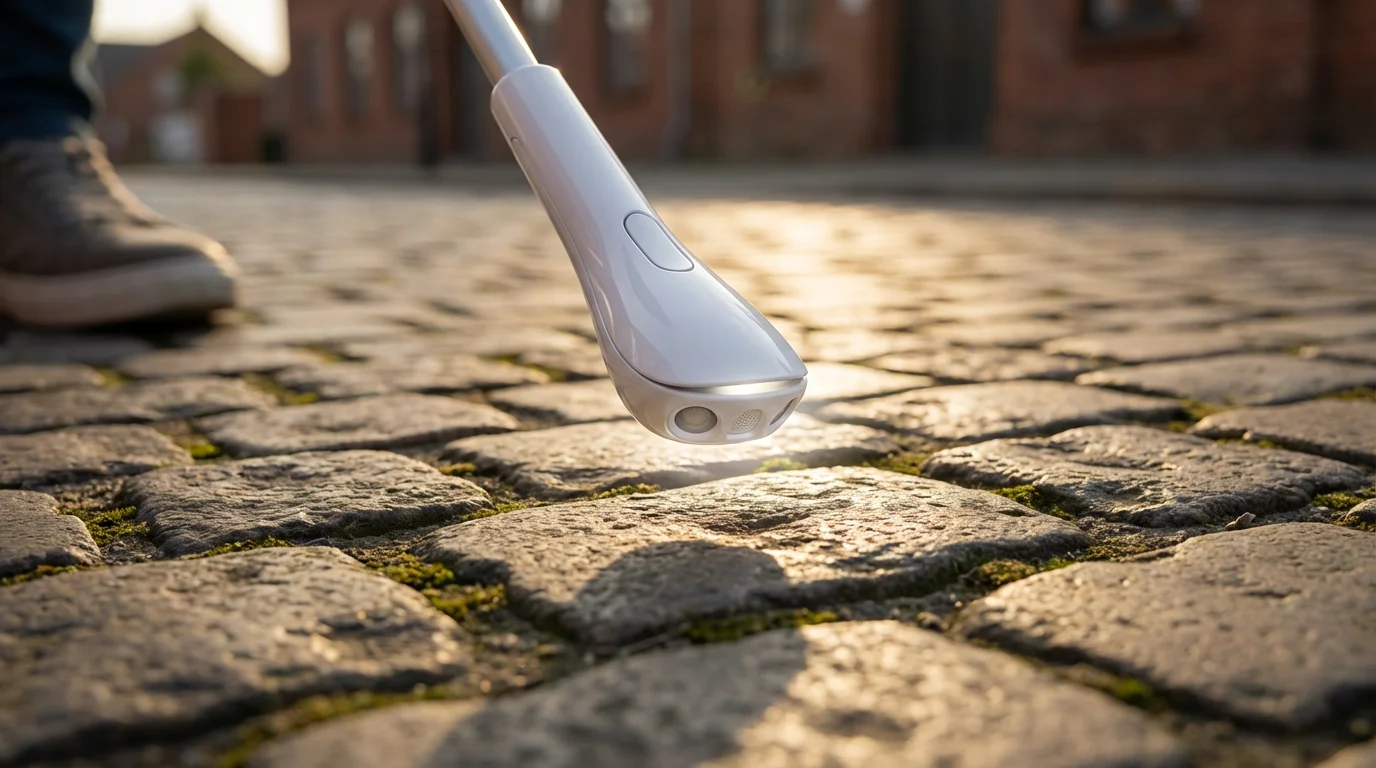 Close-up macro photo of a white smart cane tip over a cobblestone path.