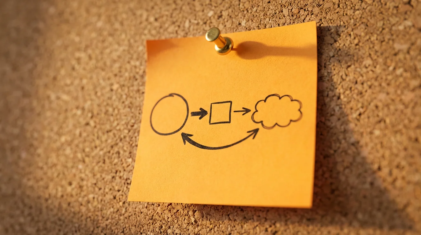Close-up macro photo of a yellow sticky note with abstract diagrams on a corkboard.
