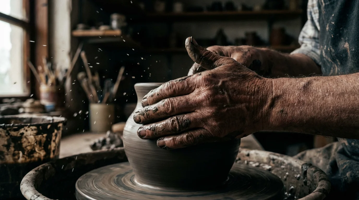 Close-up macro photo of elderly hands skillfully shaping a wet clay pot.