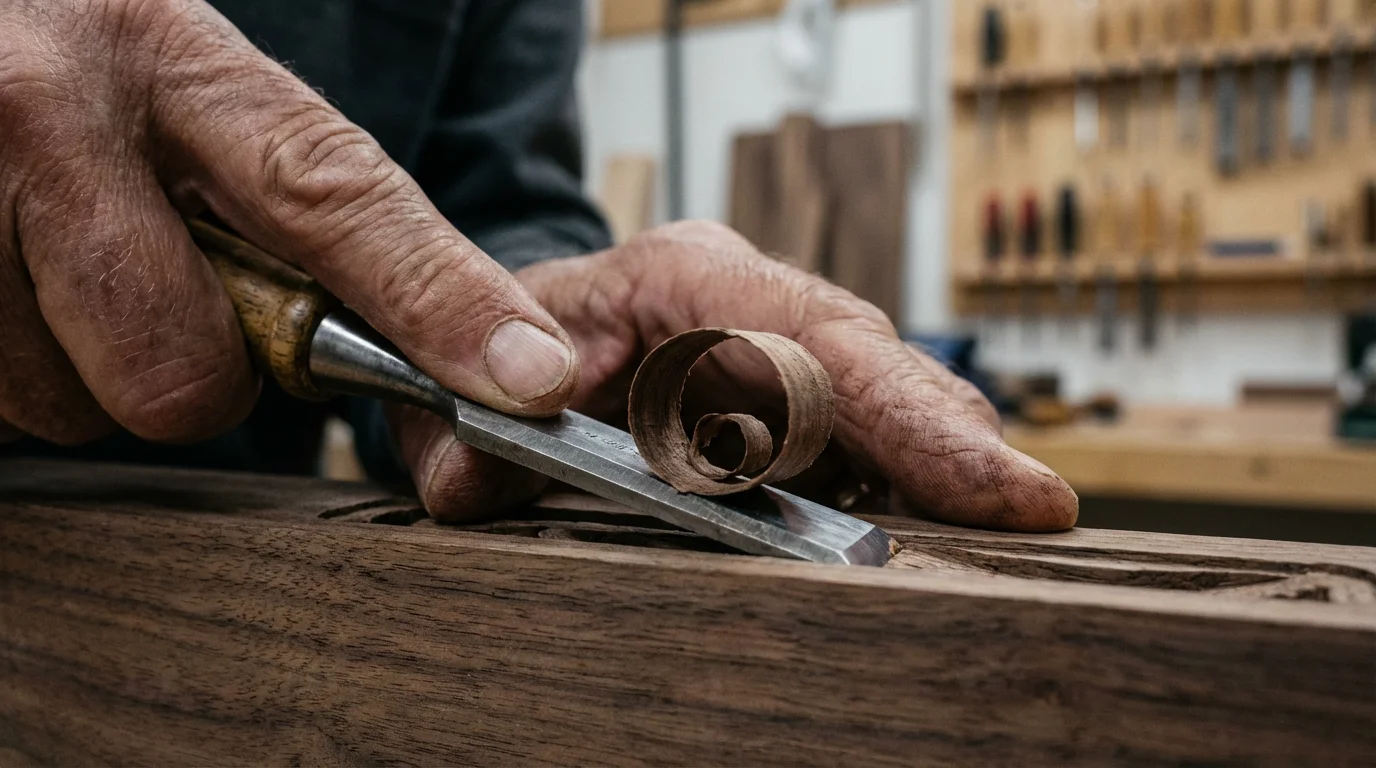 Close-up macro photo of skilled hands chiseling an intricate design into dark wood.
