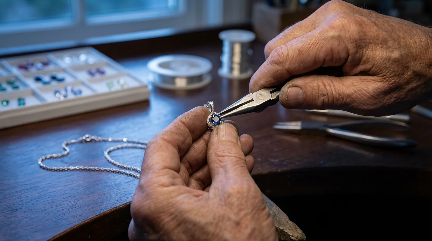 Close-up macro photo of skilled hands making a silver and sapphire necklace with pliers.