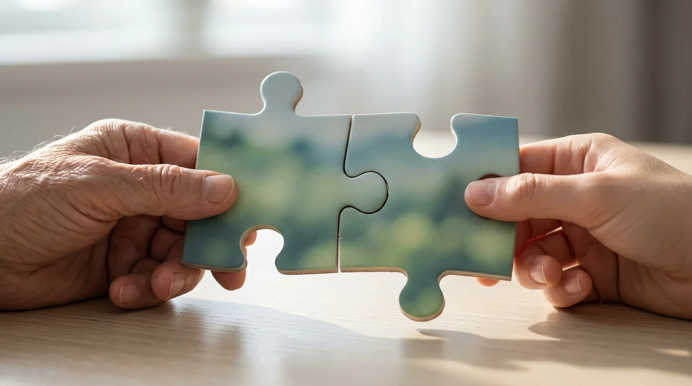 Close-up of a couple's hands putting two large jigsaw puzzle pieces together.