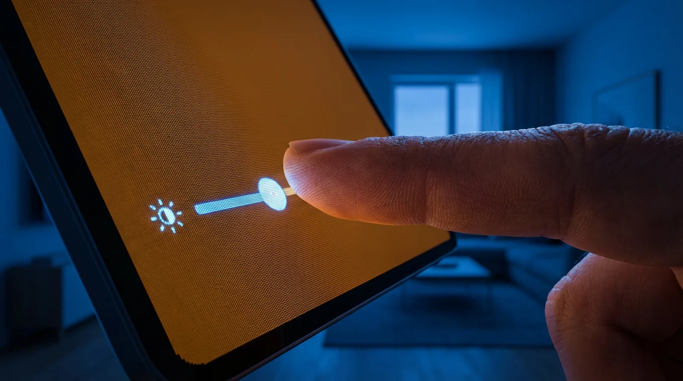 Close-up of a finger adjusting a tablet's night mode setting for eye comfort.