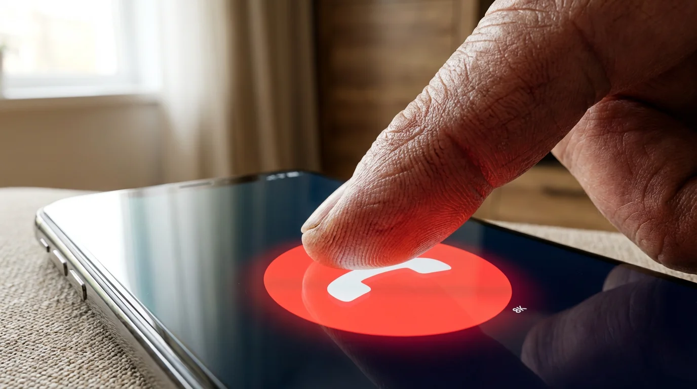 Close-up of a finger ending a phone call on a smartphone, representing stopping a scam.