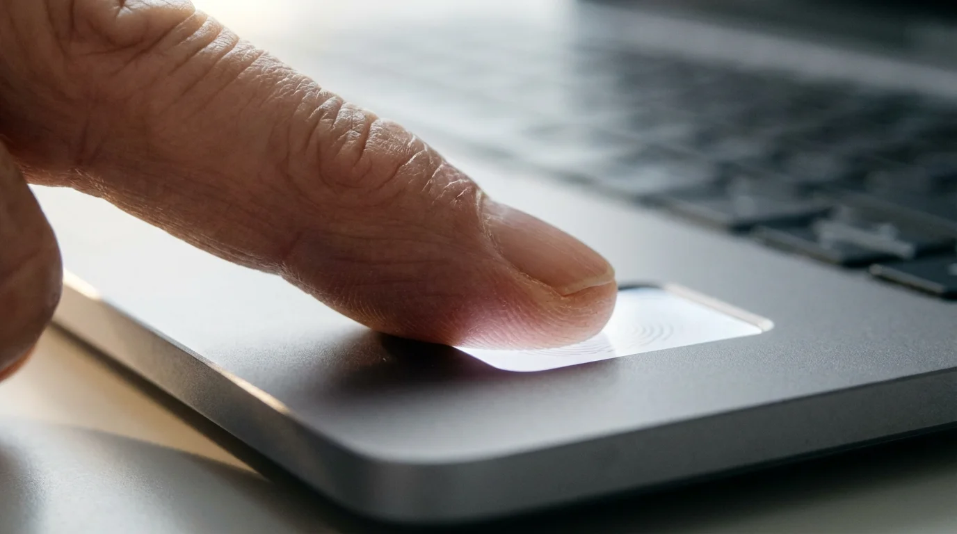 Close-up of a finger on a laptop's biometric fingerprint scanner for online security.