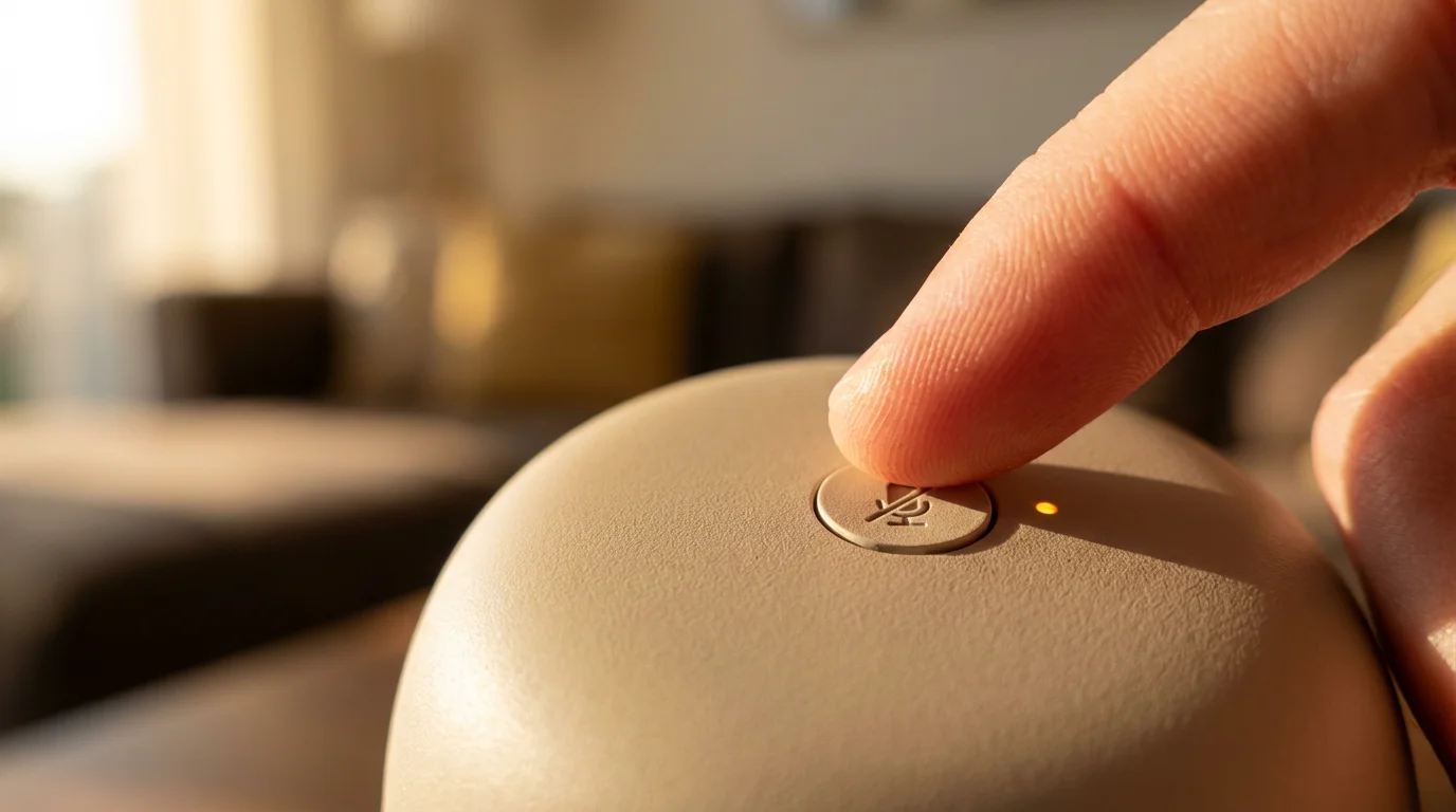 Close-up of a finger pressing the mute button on a smart speaker device.