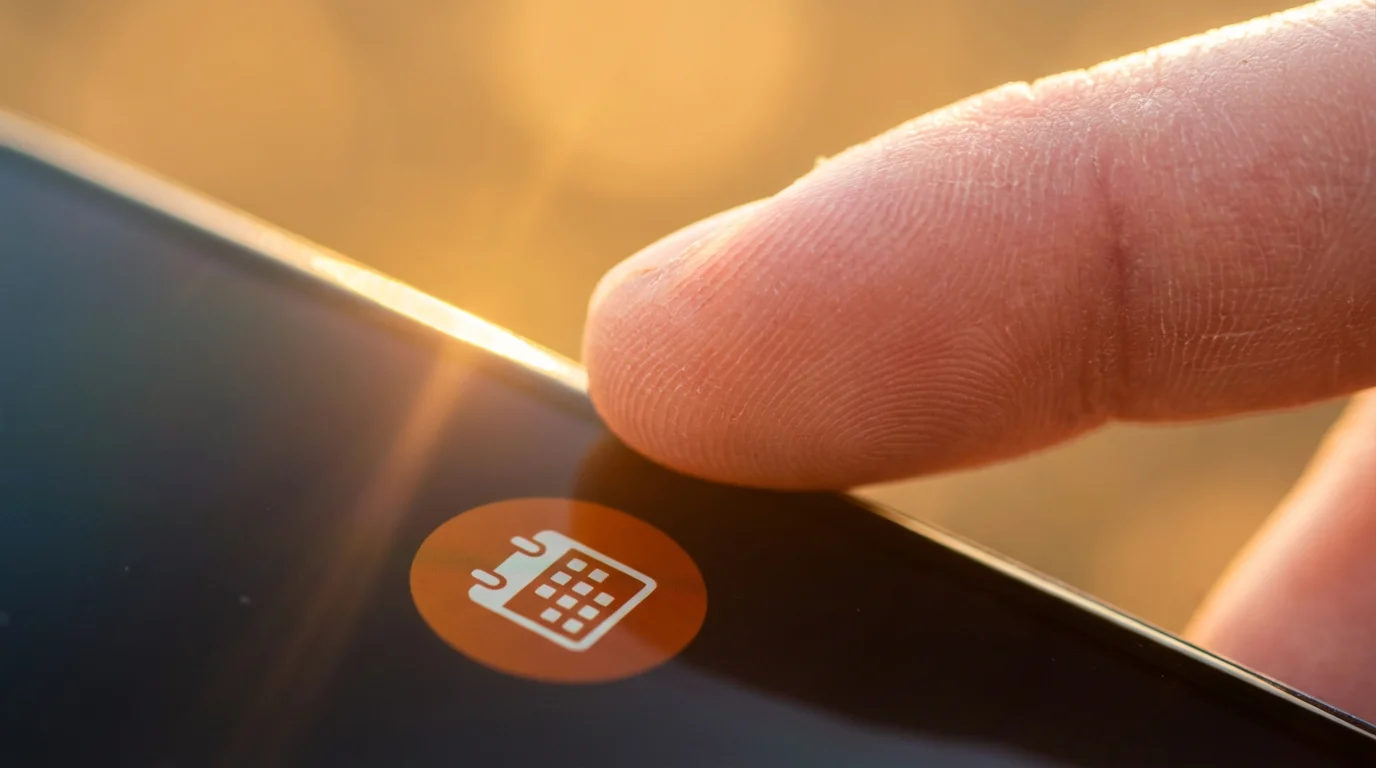 Close-up of a finger tapping a calendar appointment notification on a smartphone screen.
