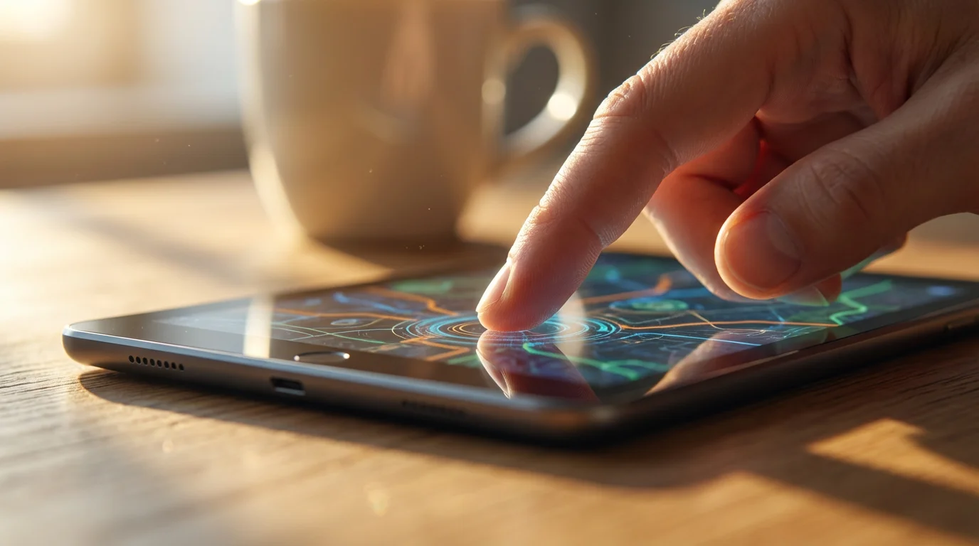 Close-up of a finger touching a digital map on a tablet screen during planning.
