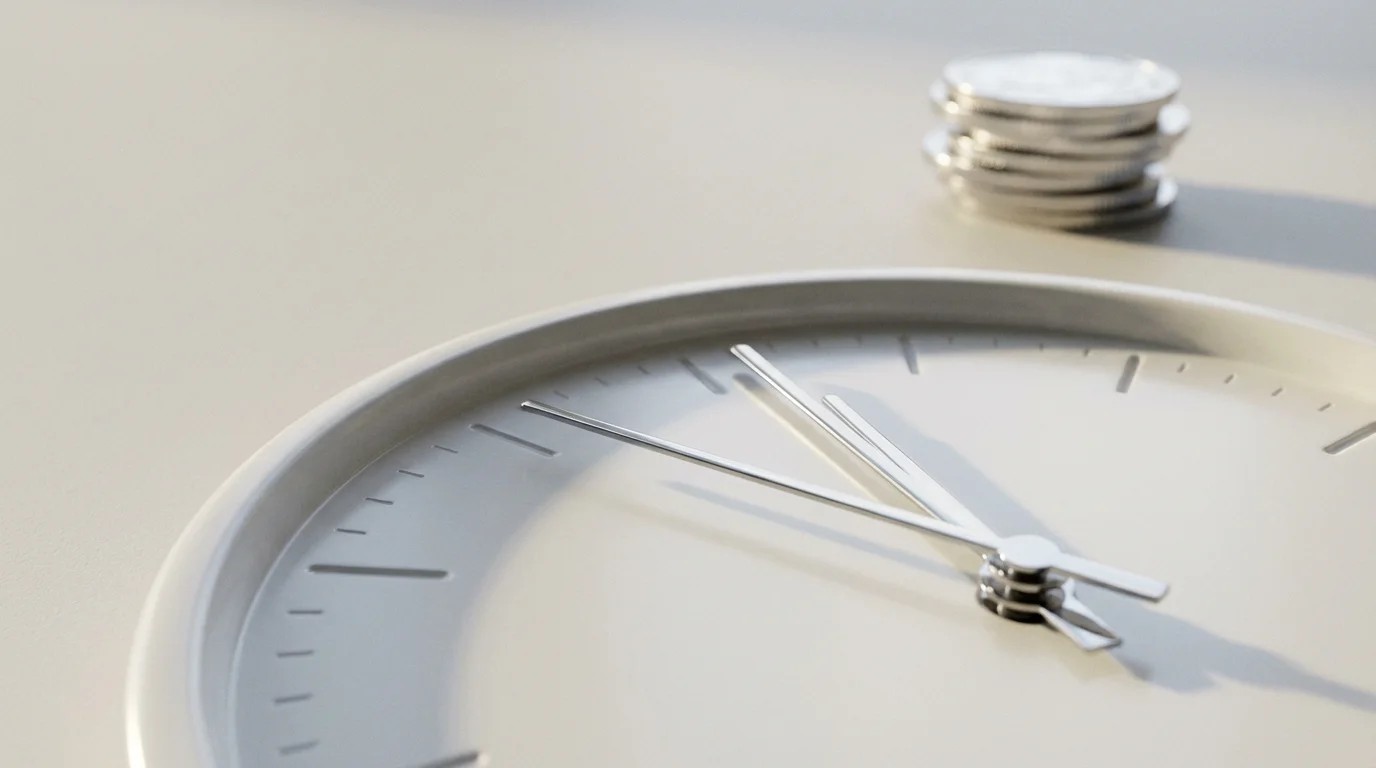 Close-up of a minimalist clock's hands approaching a deadline, with stacks of coins nearby.