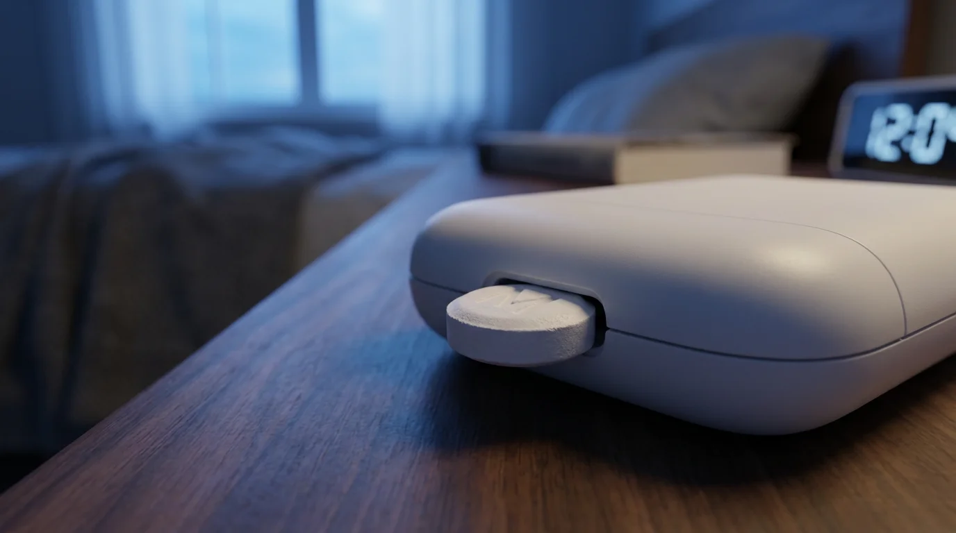 Close-up of a modern smart pill dispenser dispensing a single white pill at dusk.