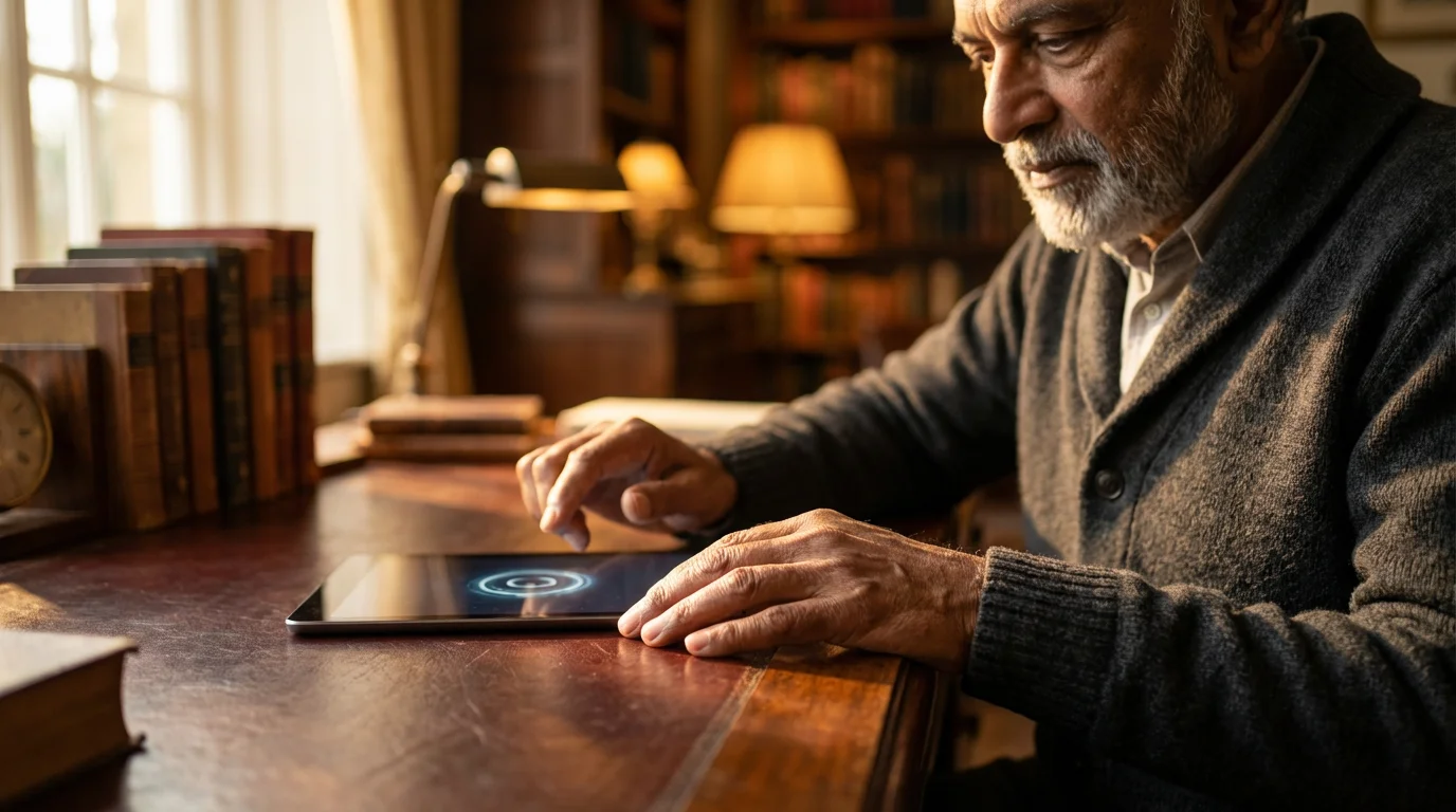 Close-up of a retired man's hands using a tablet in a moody, sunlit study.