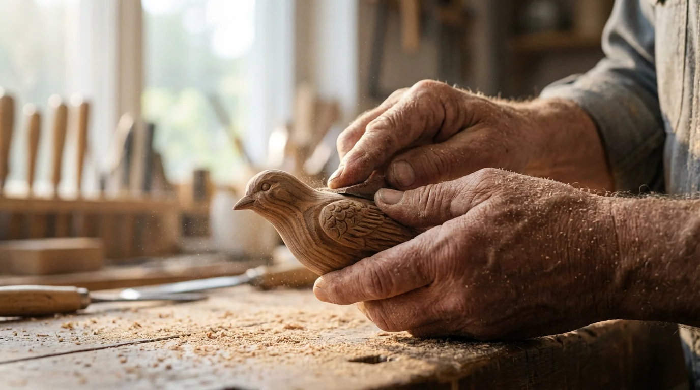 Close-up of a retiree's hands carefully sanding a small wooden bird in a sunlit workshop.