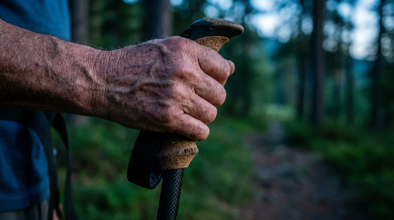 Close-up of a senior hiker's weathered hand gripping a modern trekking pole handle.