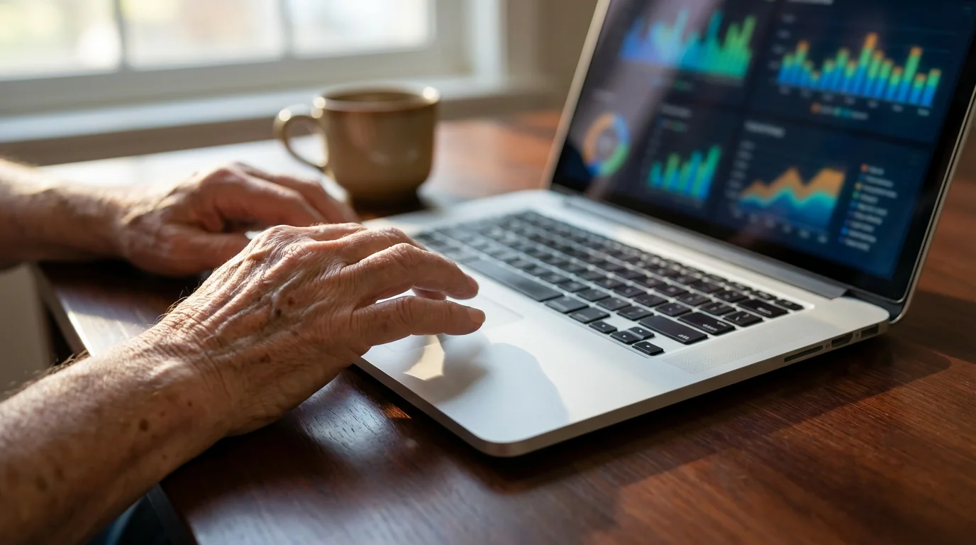 Close-up of a senior man's hands using a laptop for online banking at home.