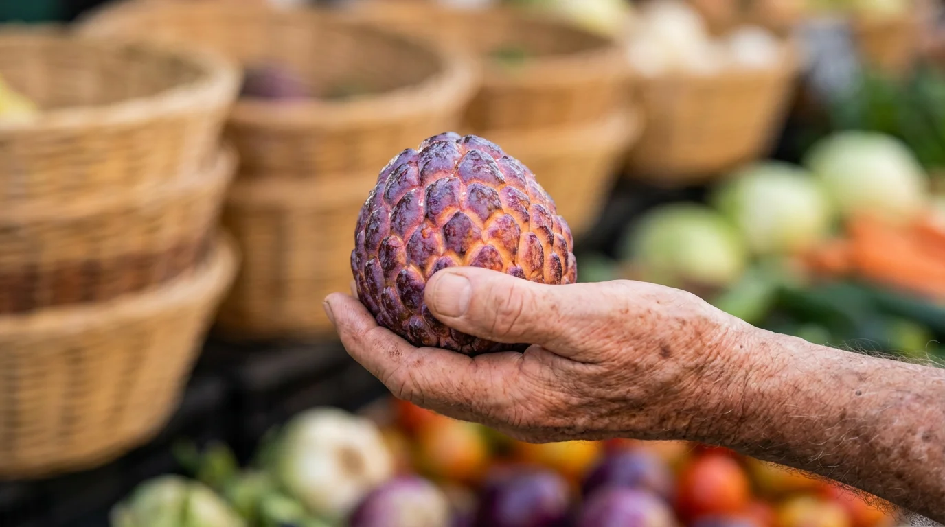 Close-up of a senior person's hand holding a colorful, exotic fruit at a market.