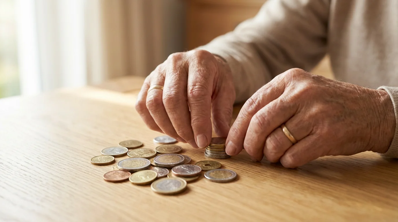 Close-up of a senior person's hands carefully sorting and stacking various coins on a table.