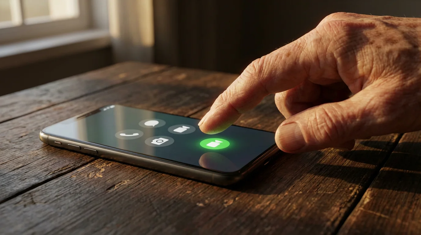 Close-up of a senior's finger poised over a video call button on a phone.