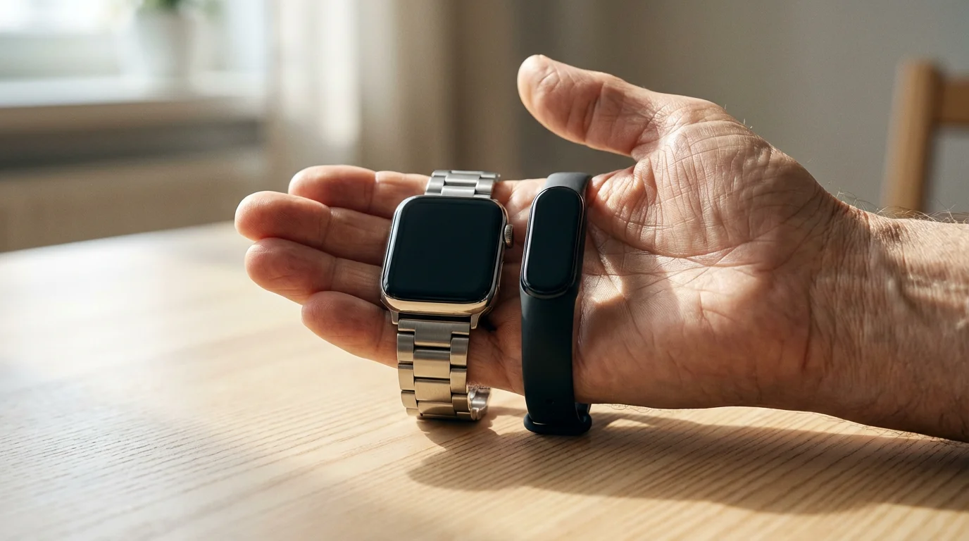 Close-up of a senior's hand holding a smartwatch and a fitness band for comparison.