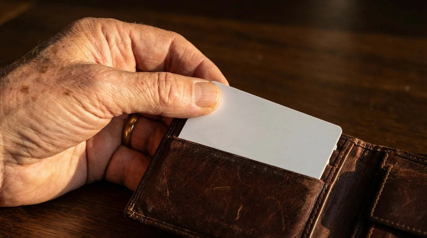 Close-up of a senior's hand pulling a blank insurance card from a leather wallet.