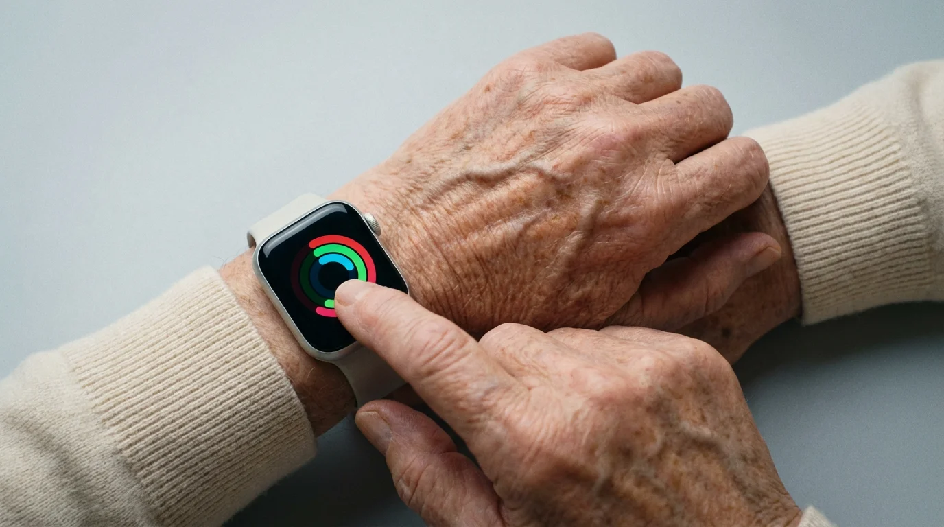 Close-up of a senior's hand tapping a health-tracking app on a modern smartwatch.