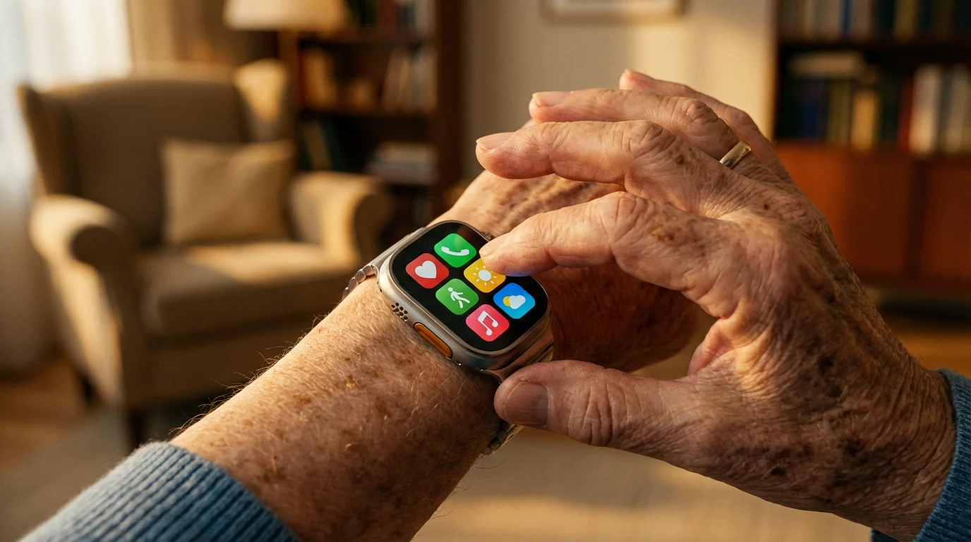 Close-up of a senior's hand tapping a modern smartwatch screen during golden hour.