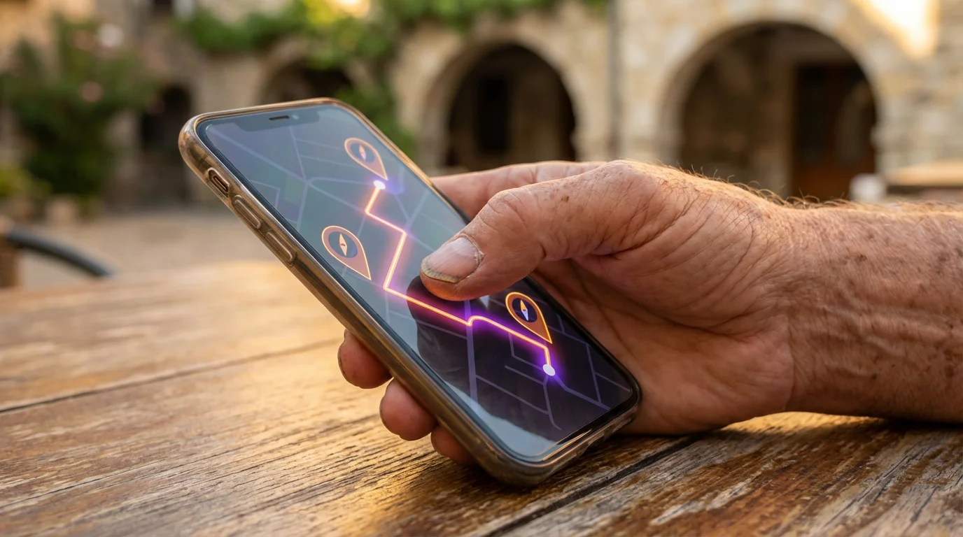 Close-up of a senior's hand tracing a route on a smartphone map at sunset.