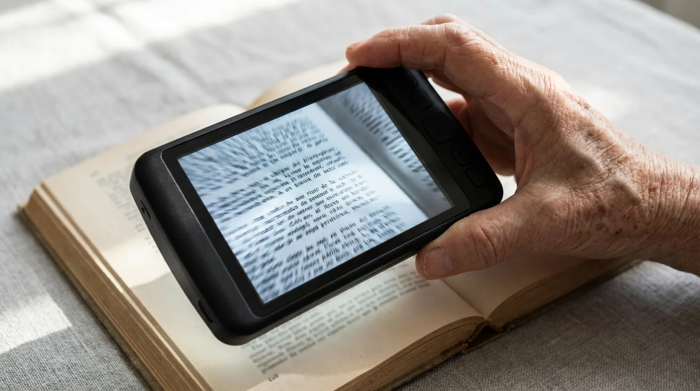 Close-up of a senior's hand using a modern digital magnifier to read a book.