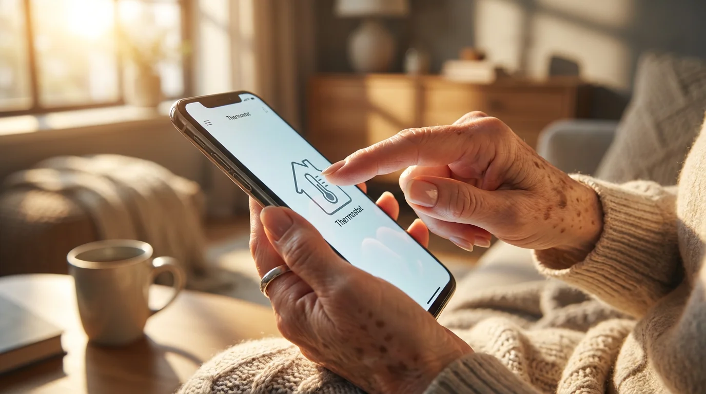 Close-up of a senior's hand using a smartphone to adjust smart home settings.