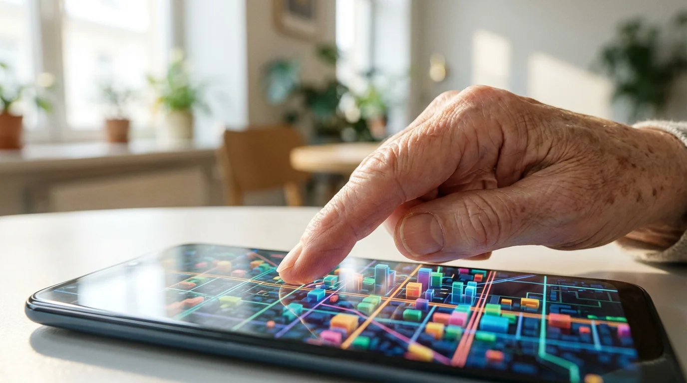 Close-up of a senior's hand using a smartphone map app for travel planning.