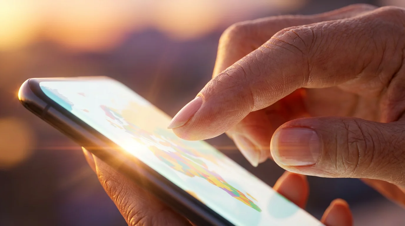 Close-up of a senior's hand using a smartphone for travel planning during sunset.