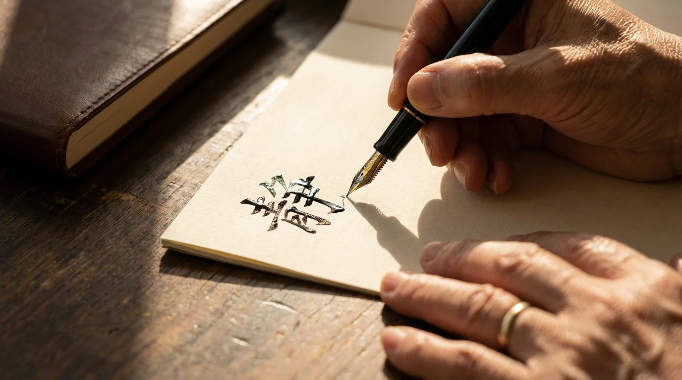 Close-up of a senior's hand writing a foreign character with a fountain pen.
