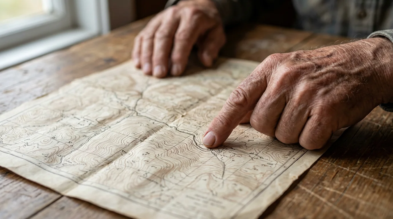 Close-up of a senior's hands tracing a path on a detailed topographical map.