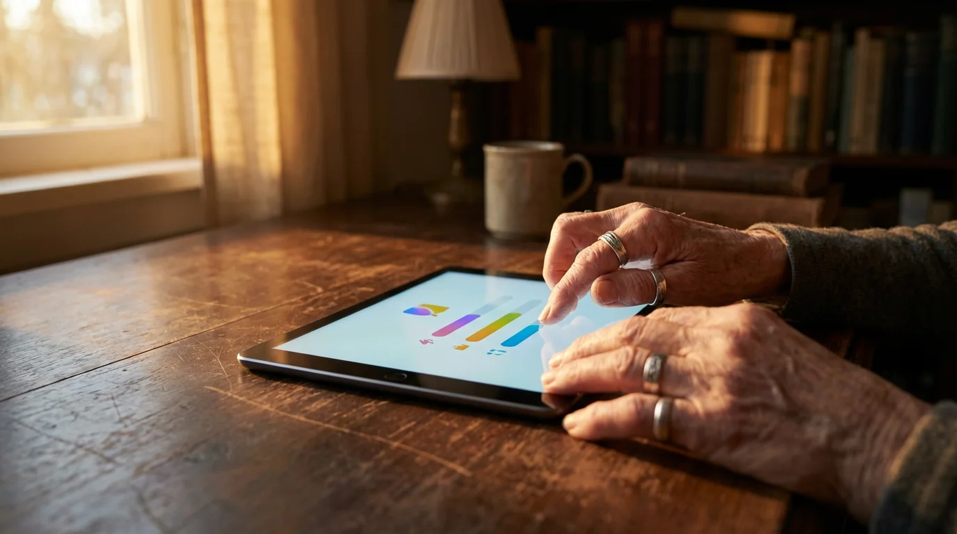 Close-up of a senior's hands using a language learning app on a tablet.
