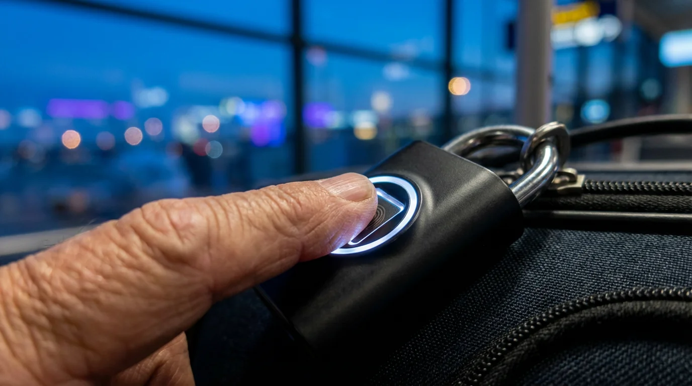 Close-up of a senior's thumb using a fingerprint scanner on a digital luggage lock.