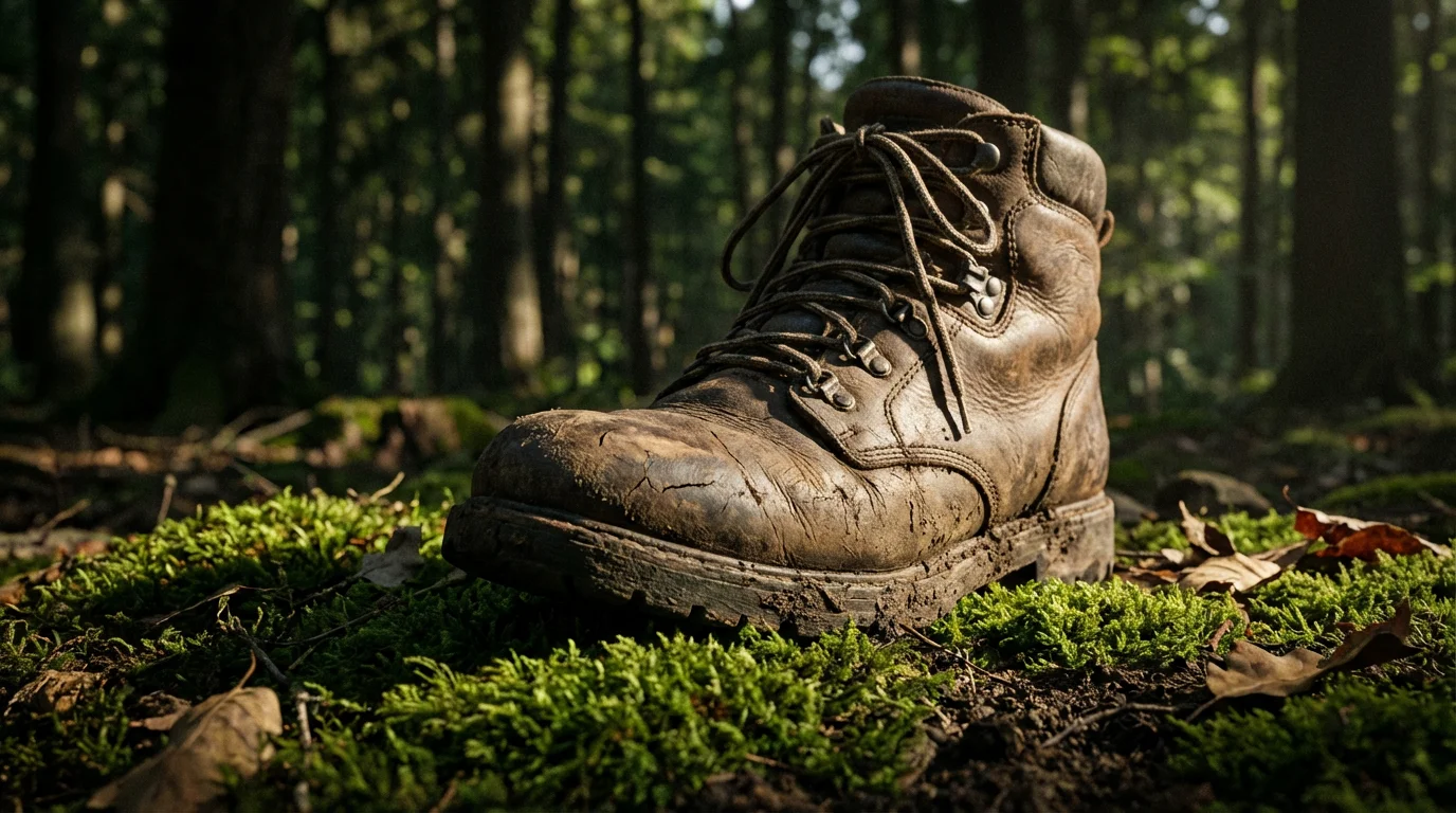 Close-up of a single worn hiking boot resting on lush green forest moss.