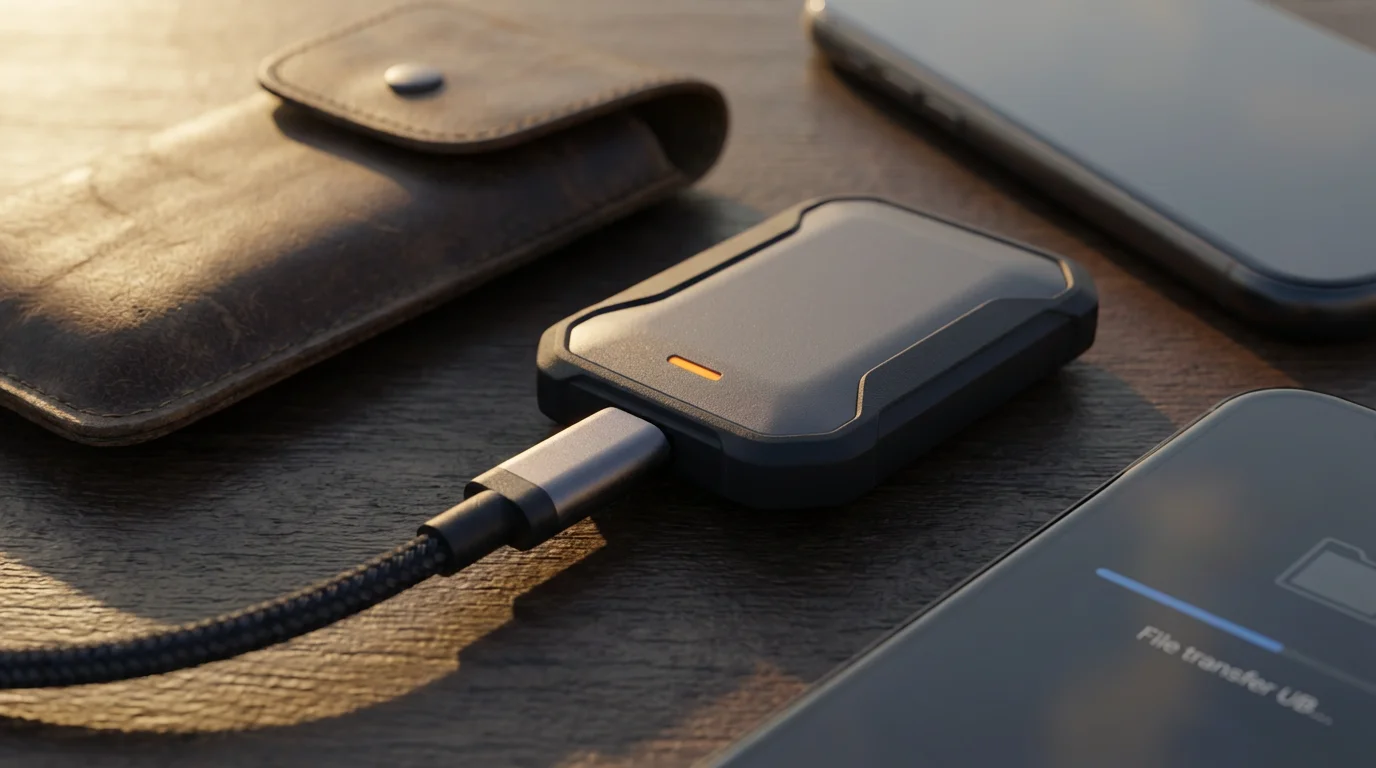 Close-up of a smartphone connected by a cable to a portable solid-state drive.