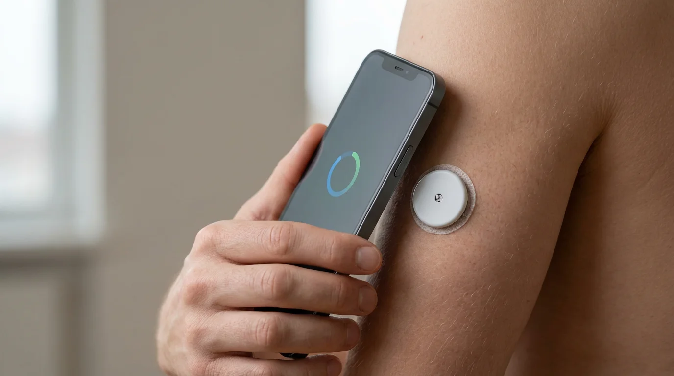 Close-up of a smartphone scanning a continuous glucose monitor sensor on an arm.
