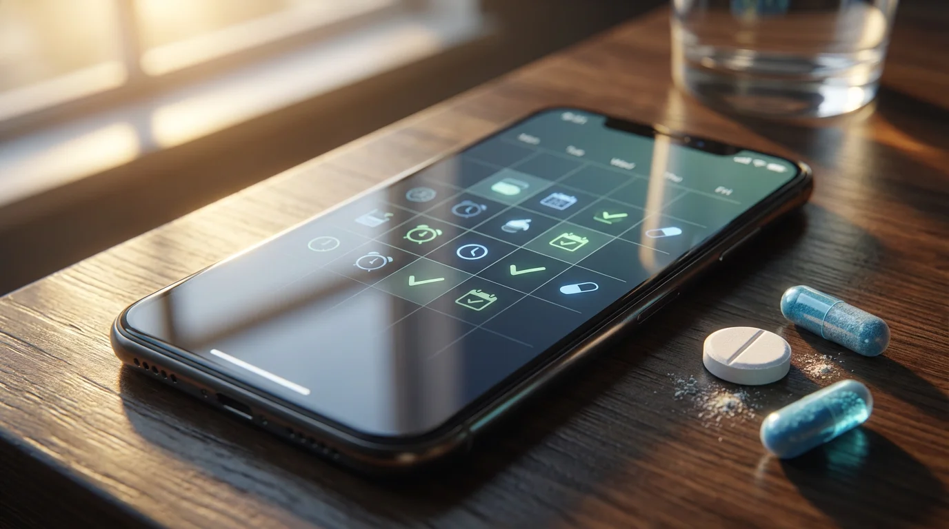 Close-up of a smartphone with a medication reminder app next to several pills.