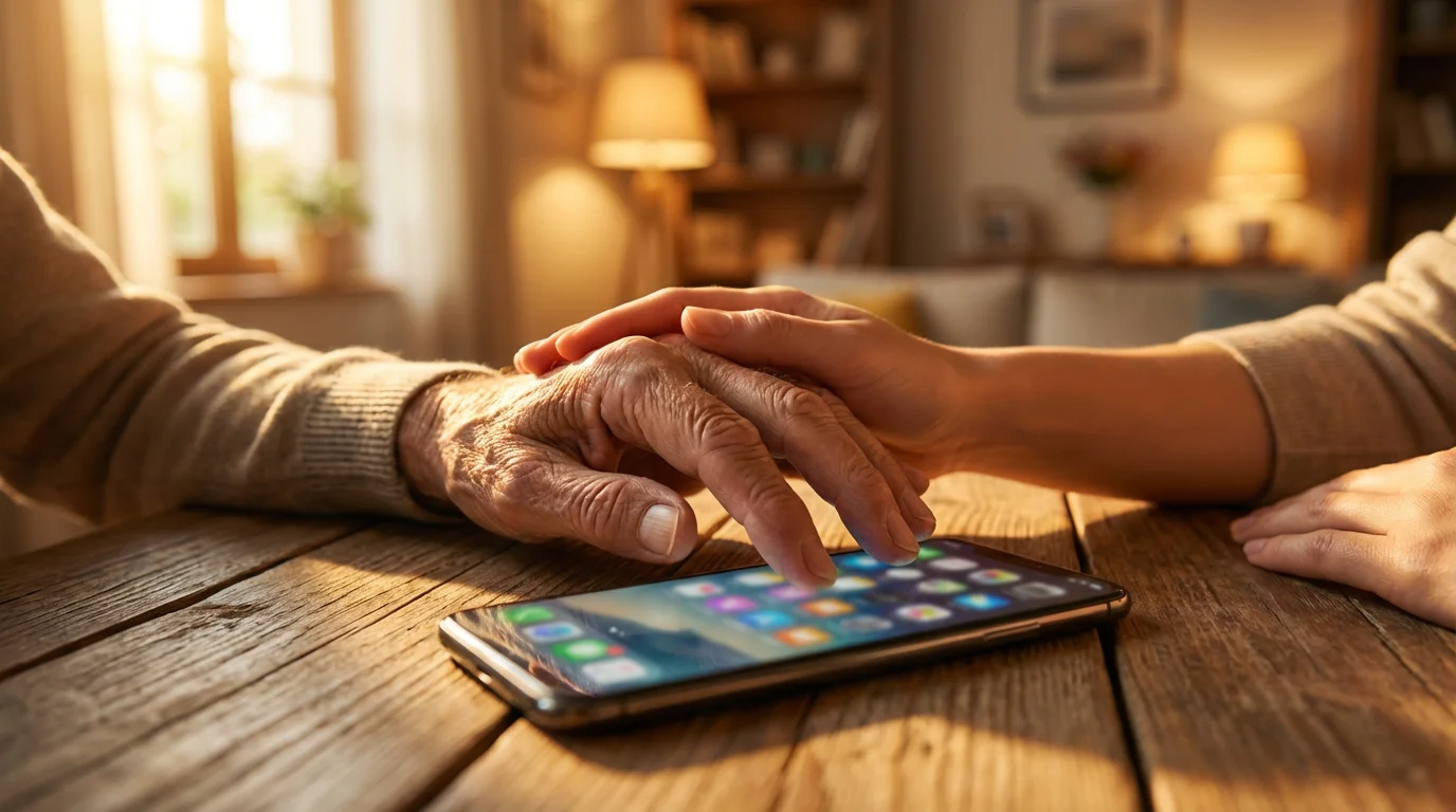 Close-up of a younger person's hand helping an older person use a smartphone.