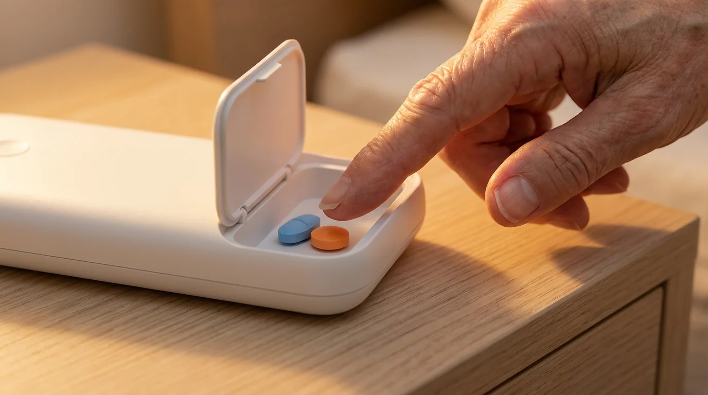 Close-up of an elderly hand taking medication from a modern smart pill dispenser.
