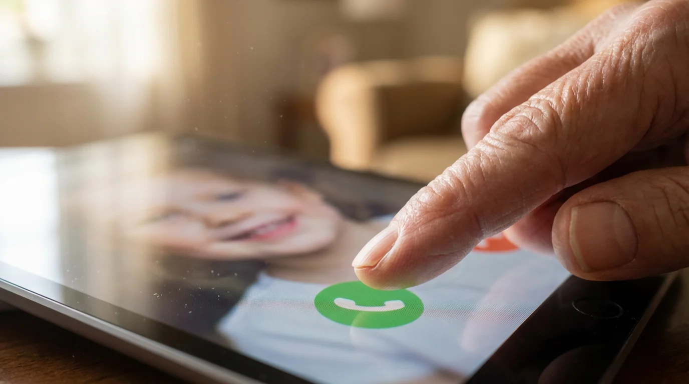 Close-up of an elderly person's finger about to accept a video call.