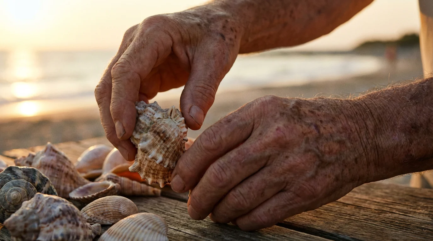 Close-up of an older person's hand carefully selecting a single beautiful seashell.