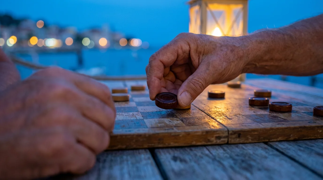 Close-up of an older person's hand playing a game of checkers at dusk.