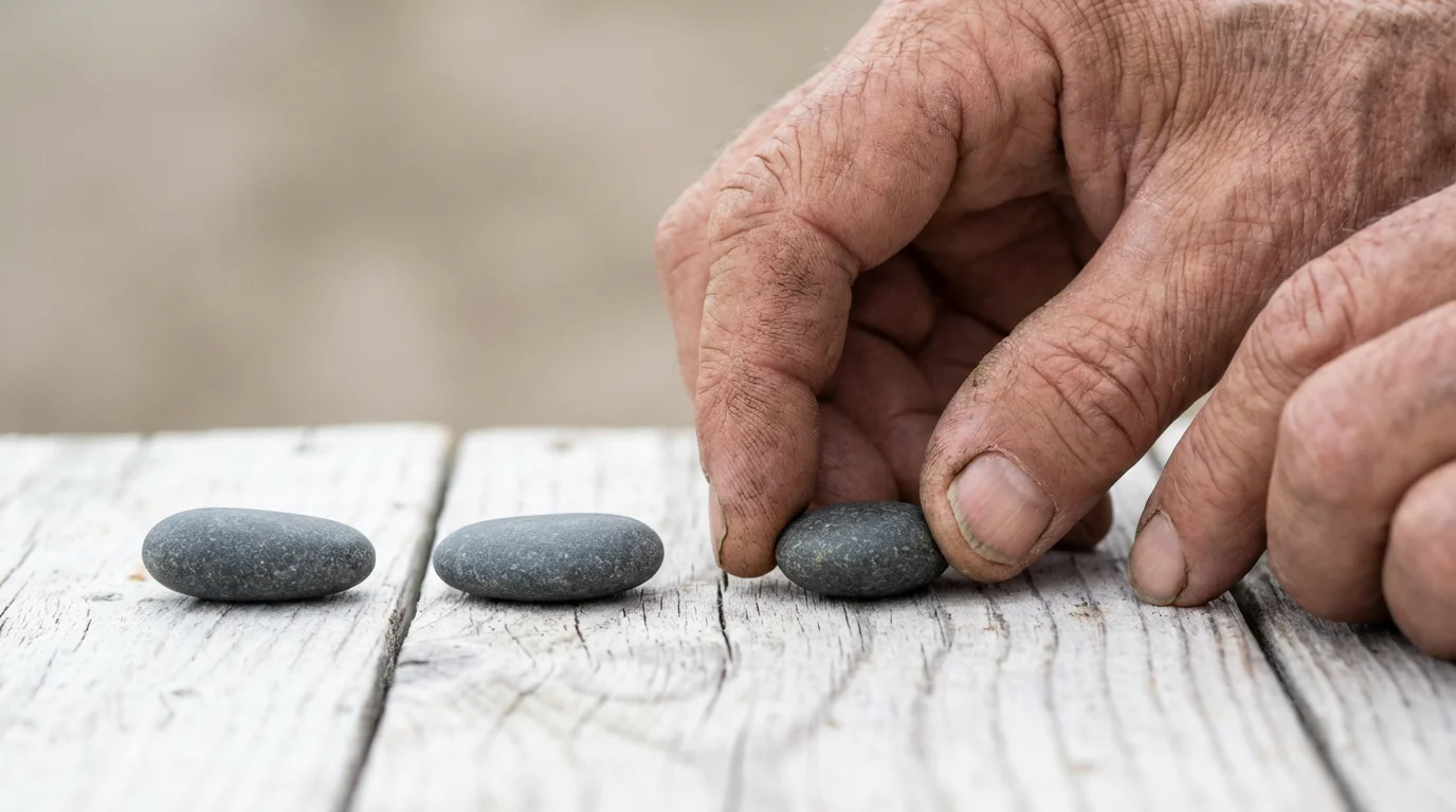 Close-up of an older person's hands carefully arranging small, smooth stones in a row.