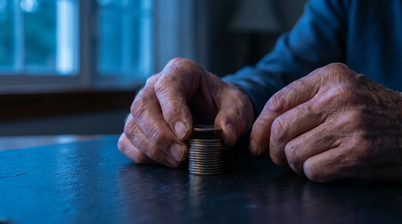 Close-up of an older person's hands carefully stacking coins on a dark surface.