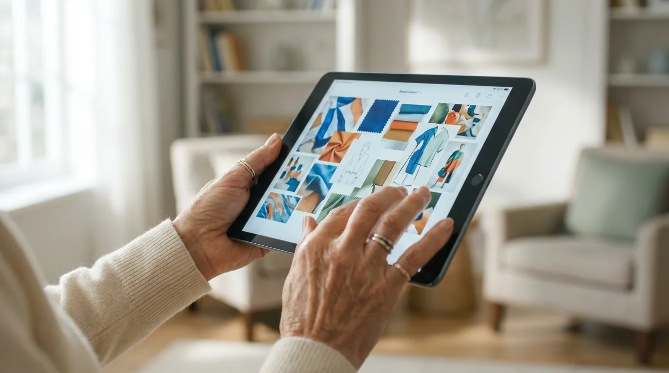 Close-up of an older woman's hands using a tablet for digital fashion inspiration.