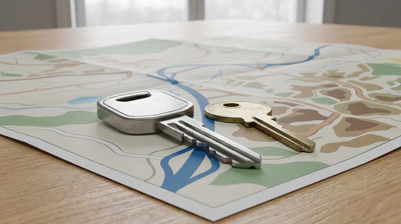 Close-up of an RV key and house key resting on a road map.